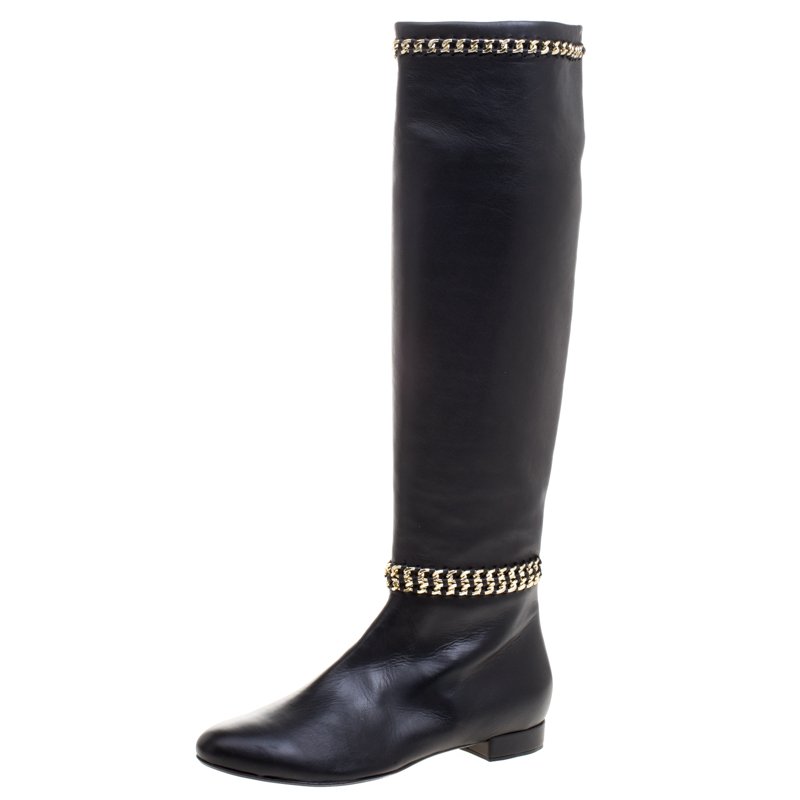 Pre Owned Le Silla Black Leather Chain Detail Knee High Boots Size 41