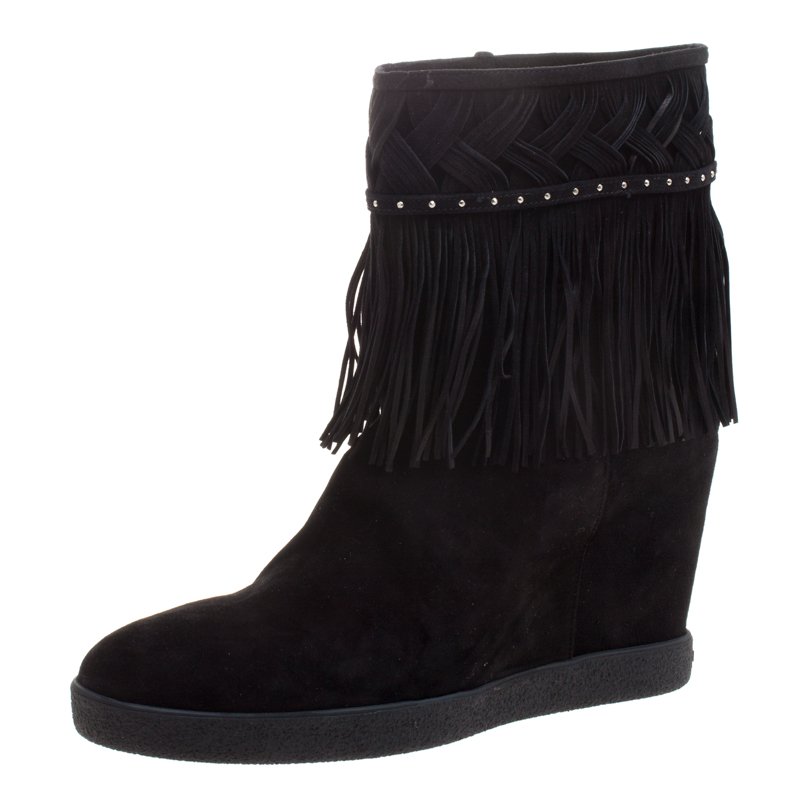 Le Silla Black Suede Concealed Fringed Wedge Boots Size 40
