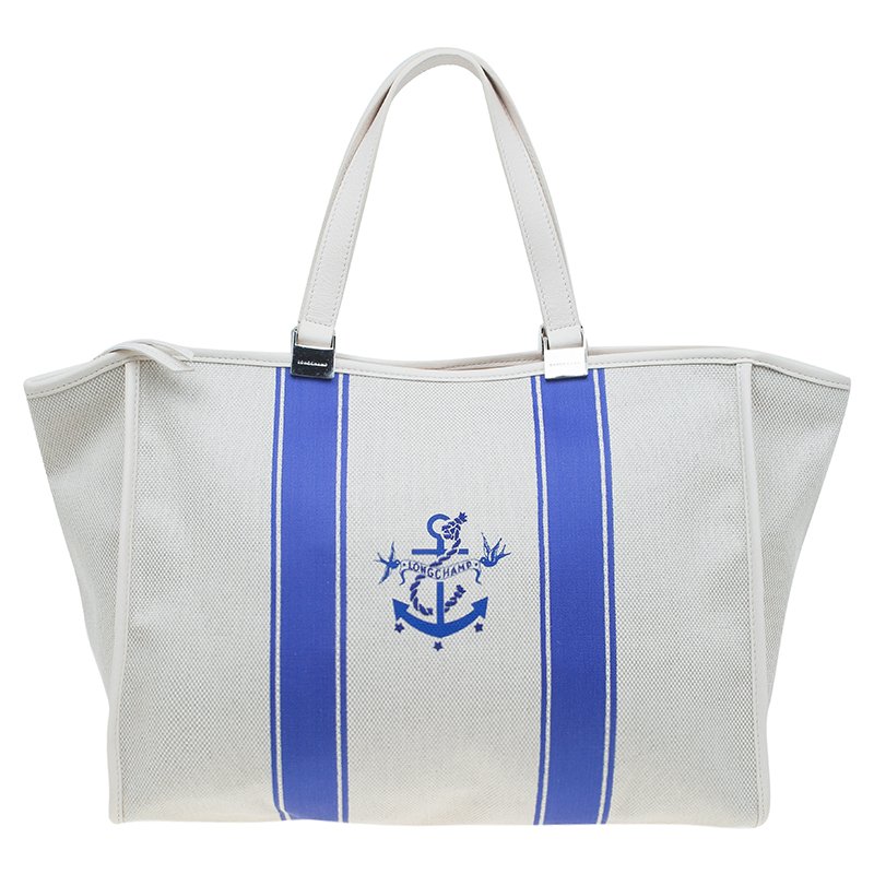 Pre Owned Longchamp White/Blue Canvas Large Nautique Zip Tote
