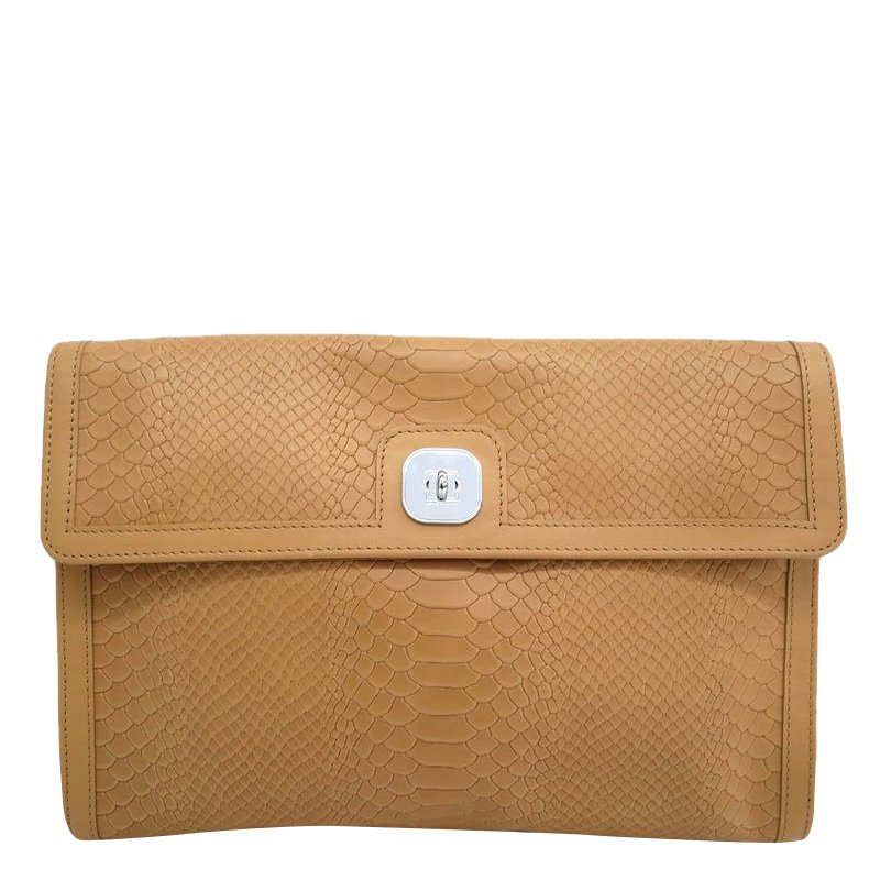 Longchamp Brown Embossed Leather Clutch Bag 