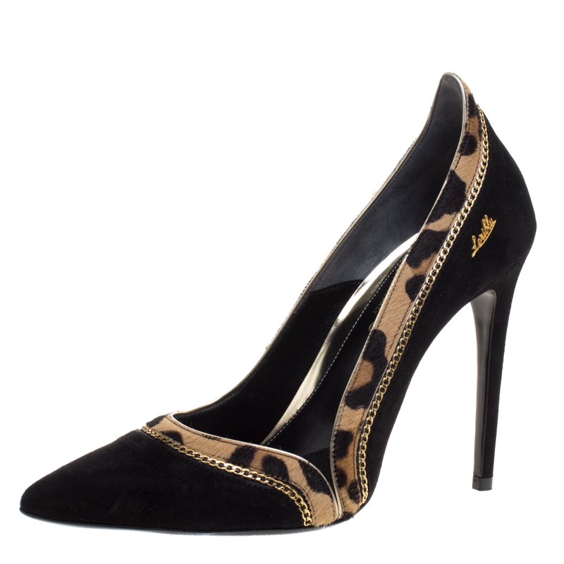 Pre Owned Loriblu Black Suede and Leopard Print Calf Hair Chain Embellished Pointed Toe Pumps Size 39