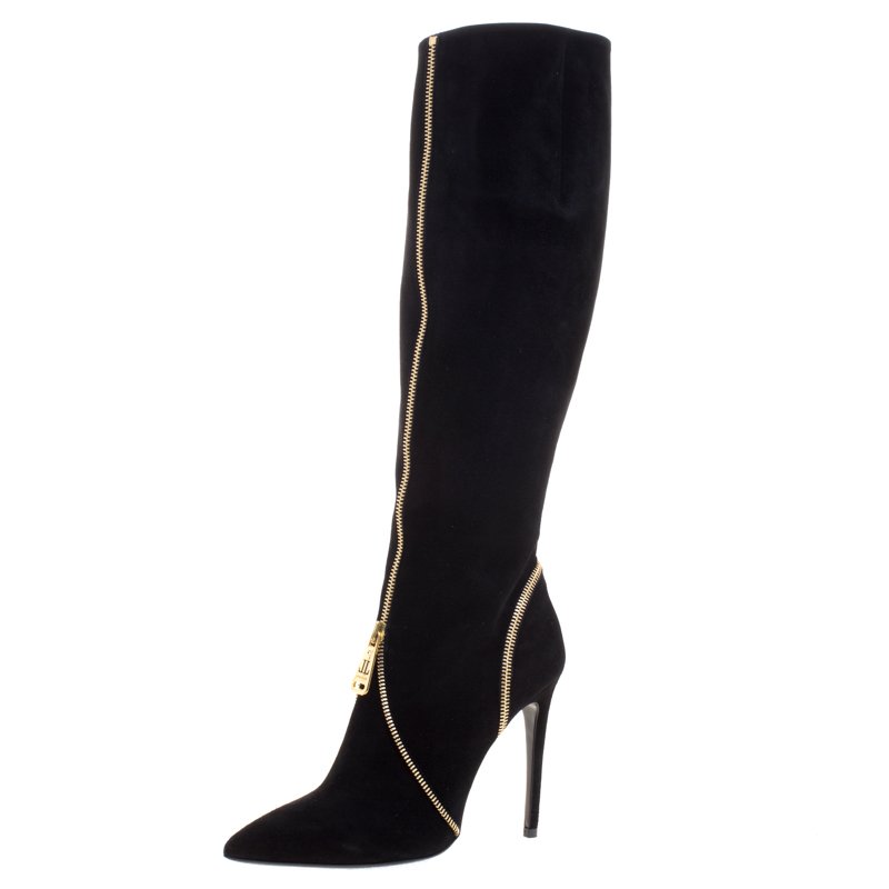 Loriblu Black Suede Zip Accent Knee High Pointed Toe Boots Size 38