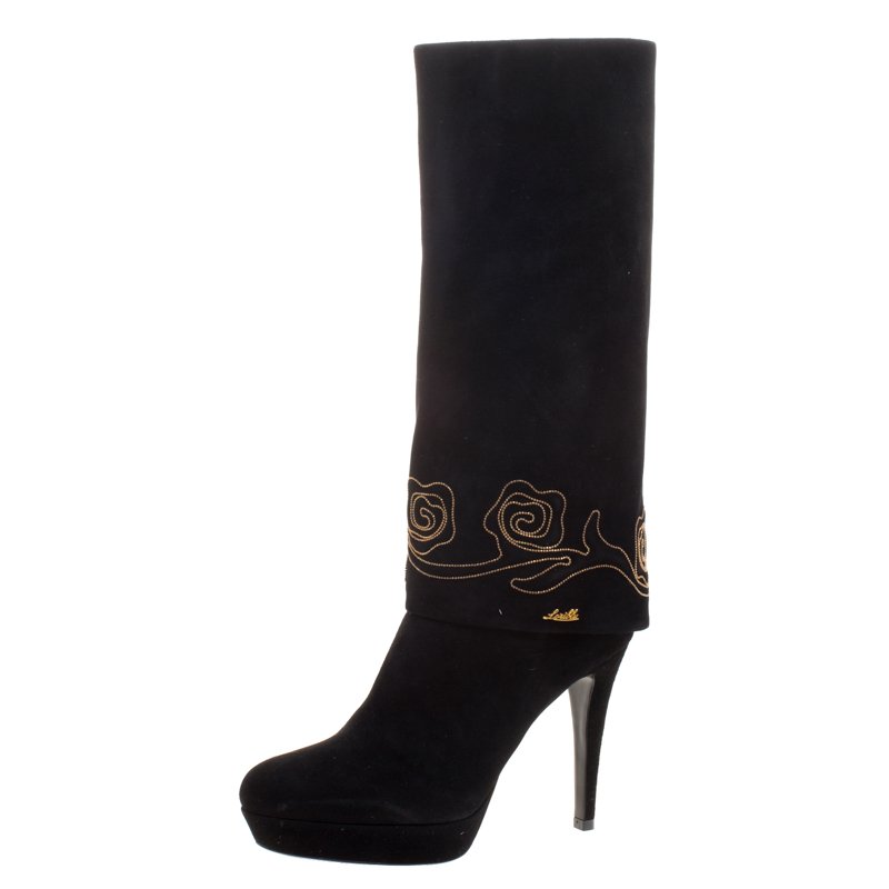 Loriblu Black Suede Cuff Embroidered Calf Length Boots Size 38