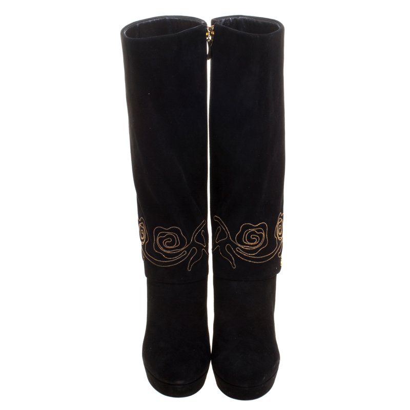 Pre Owned Loriblu Black Suede Cuff Embroidered Calf Length Boots Size 38