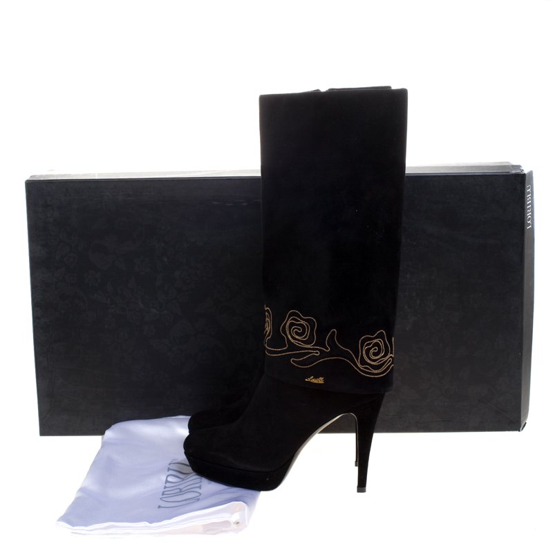 Pre Owned Loriblu Black Suede Cuff Embroidered Calf Length Boots Size 38