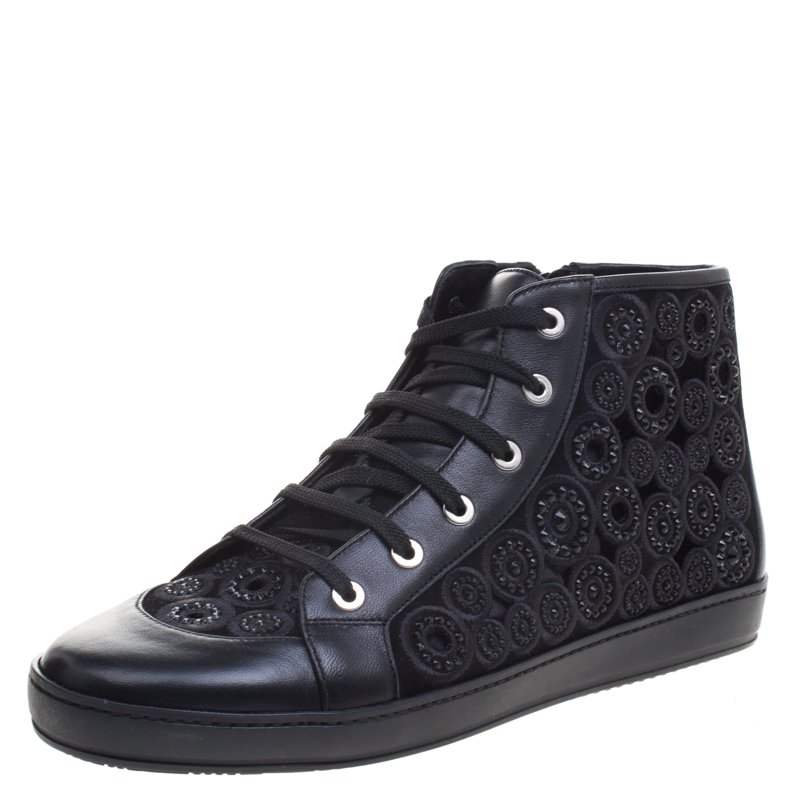 Pre Owned Loriblu Black Crystal Embroidered Suede and Leather High Top Sneakers Size 39