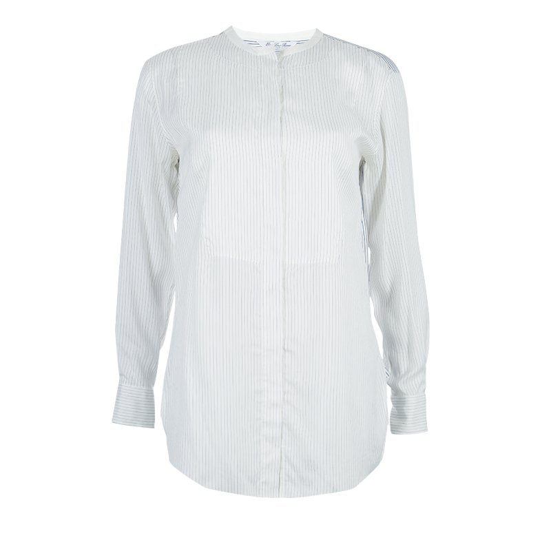 Pre Owned Loro Piana Off-White Striped Mandarin Collar Long Sleeve Silk Shirt S