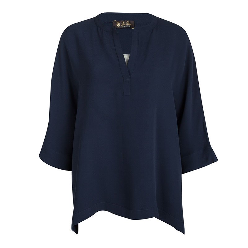 Pre Owned Loro Piana Navy Blue Silk Dolman Sleeve Oversized Blouse L