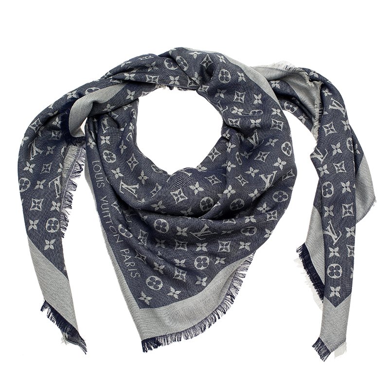 Pre Owned Louis Vuitton Blue Monogram Wool and Silk Shawl