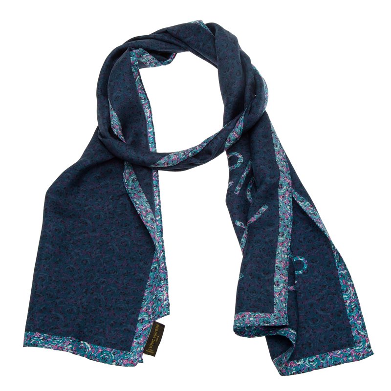 Pre Owned Louis Vuitton Blue Printed Silk Logo Stole