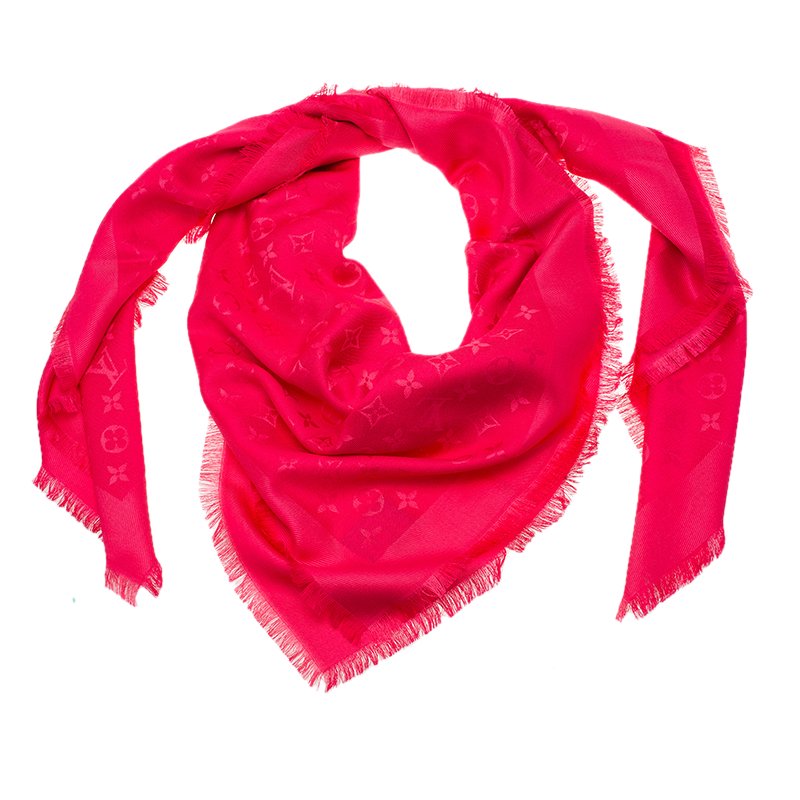 Pre Owned Louis Vuitton Pink Monogram Silk and Wool Shawl