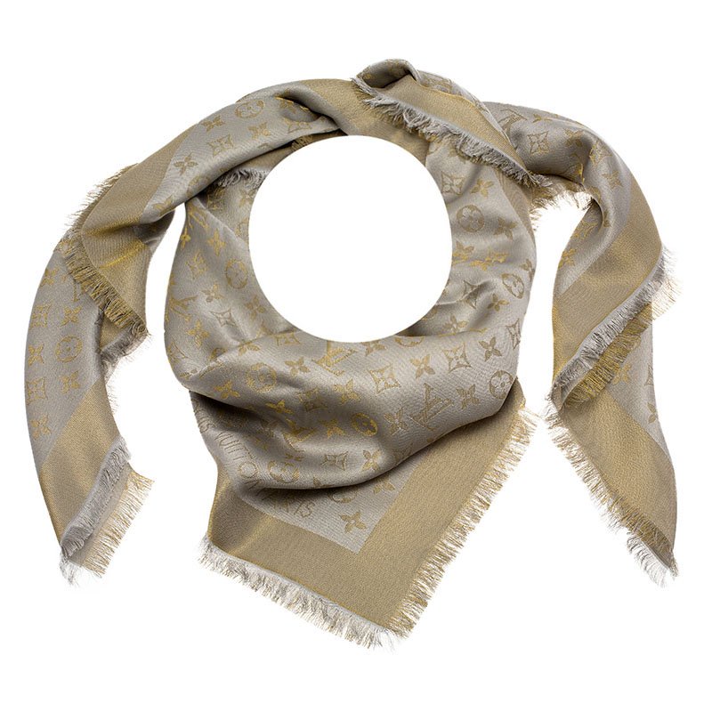 Pre Owned Louis Vuitton Gold and Grey Monogram Shine Wool and Silk Fringe Edged Shawl