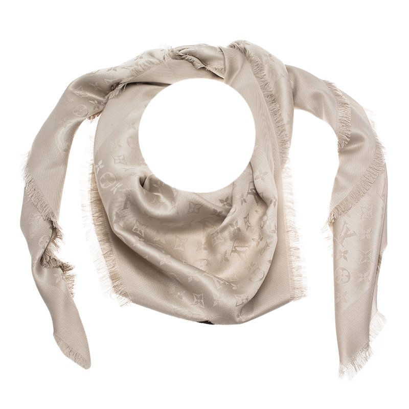 Pre Owned Louis Vuitton Beige Monogram Wool & Silk Fringe Edged Shawl