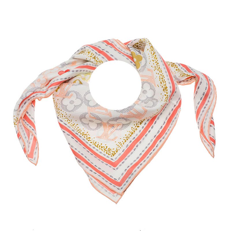 Pre Owned Louis Vuitton White Peach Multicolor Monogram Printed Silk Scarf