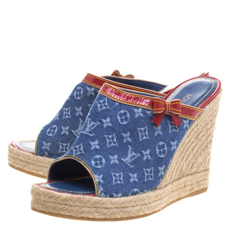 Rare Louis Vuitton Blue Denim & Leather W/ Wood Wedge Sandals Shoes 9013-38