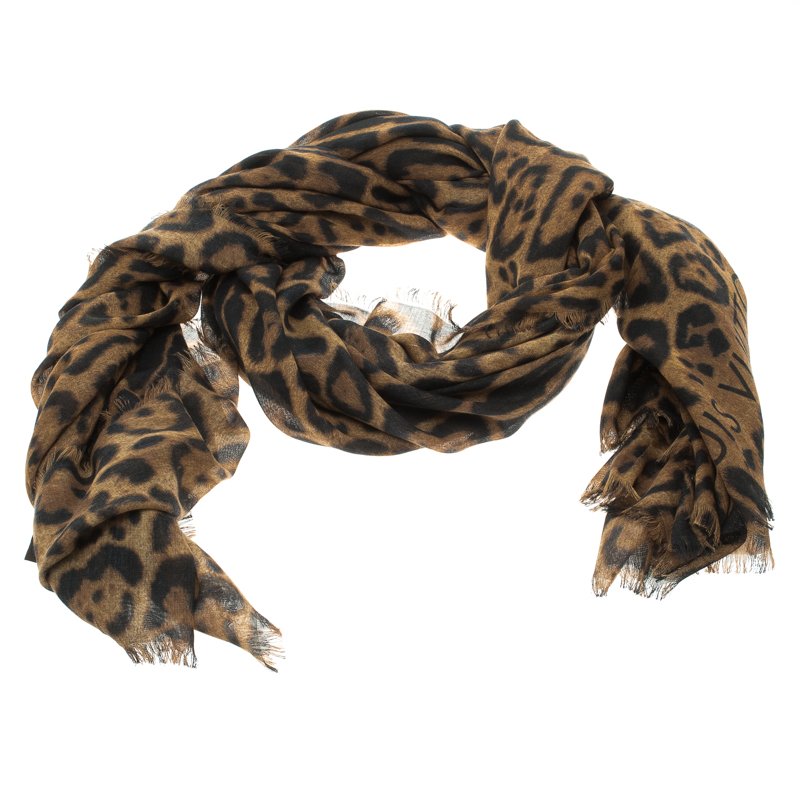 Pre Owned Louis Vuitton Brown Leopard Printed Cashmere and Silk Shawl