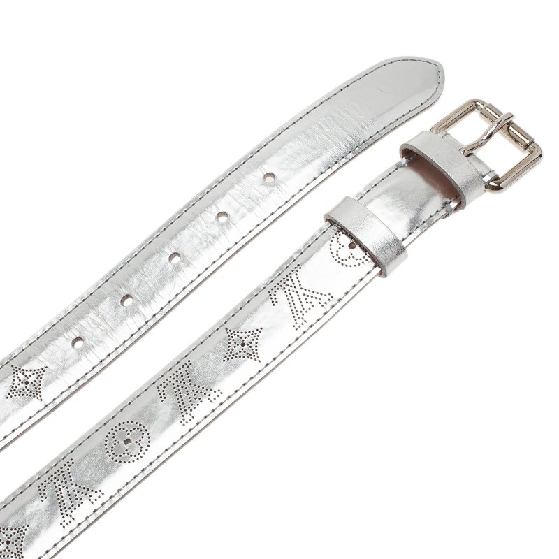 Louis Vuitton Silver Leather Mahina Perforated Belt Size 90CM