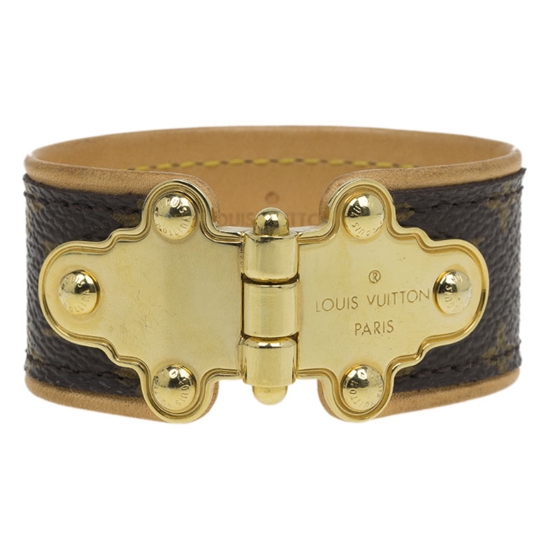 Pre Owned Louis Vuitton Save It Monogram Brown Canvas Gold Tone Metal Bracelet