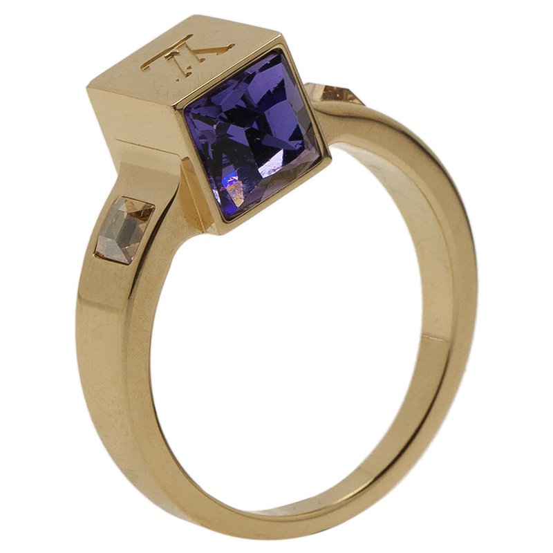 Louis Vuitton Gold Tone Crystal Gamble Ring L