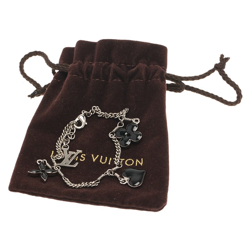 Louis Vuitton Sweet Monogram Black Enamel Silver Tone Charm Bracelet
