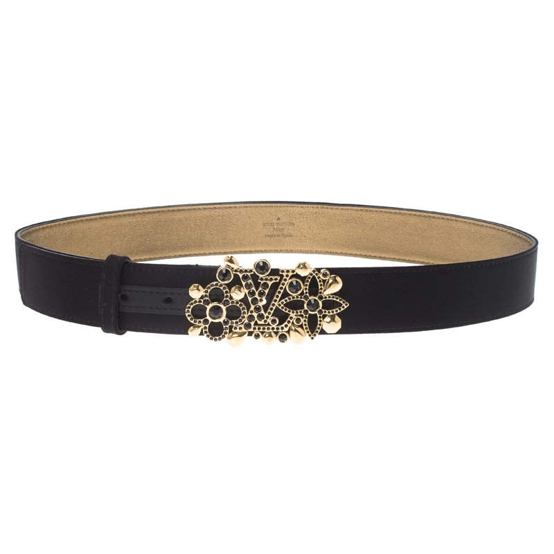 مملوكة مسبقًا Louis Vuitton Black Satin Rhinestone Fleurs Runway Belt 85 CM
