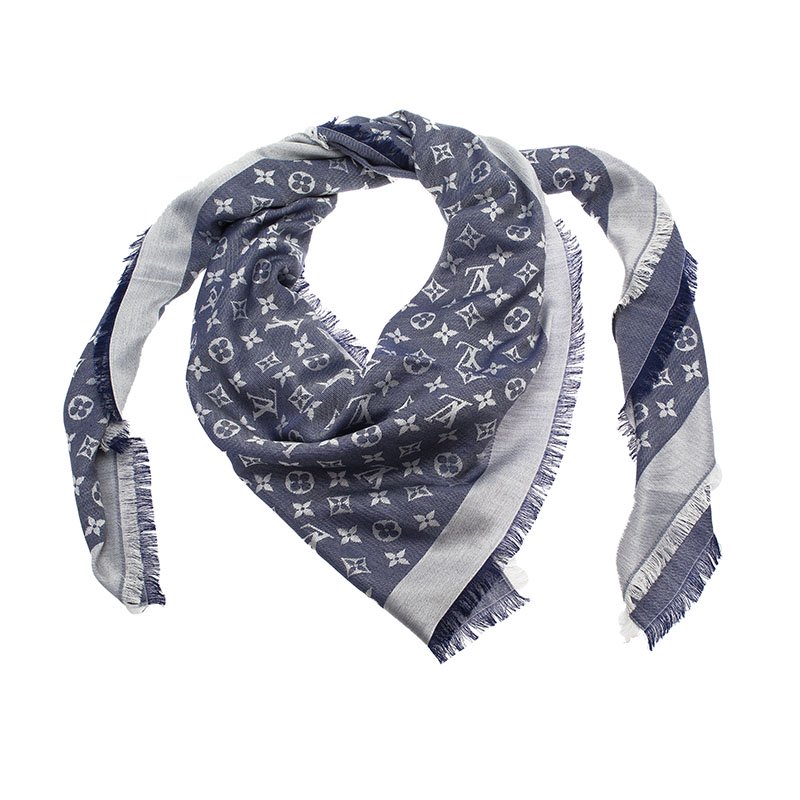 Pre Owned Louis Vuitton Blue Monogram Wool and Silk Shawl