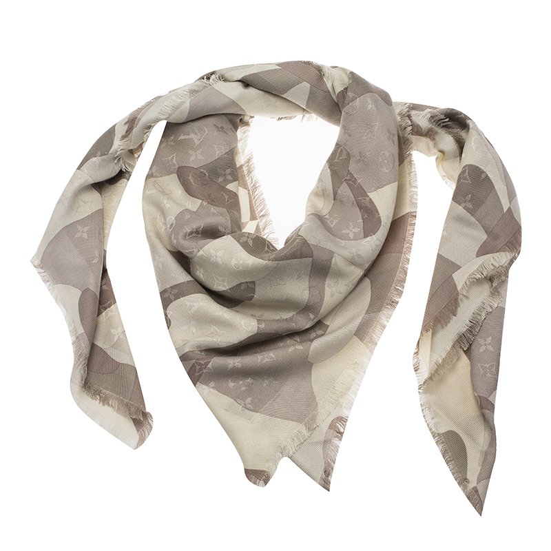Pre Owned Louis Vuitton Cream Grey Square X-Ray Monogram Wool and Silk Shawl