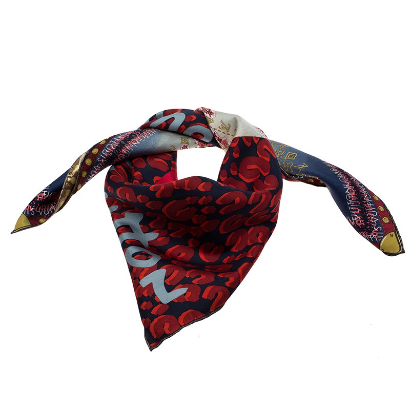 Pre Owned Louis Vuitton Red Printed Tresor Silk Square Scarf