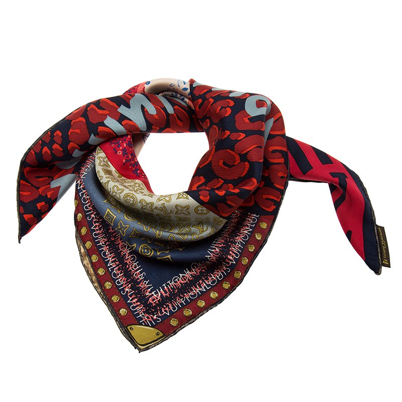 Pre Owned Louis Vuitton Red Printed Tresor Silk Square Scarf