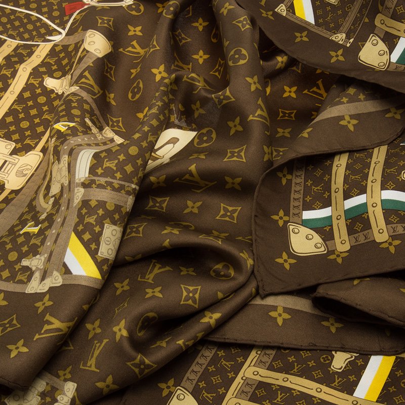 Louis Vuitton Silk Monogram Trunks Square Scarf Brown