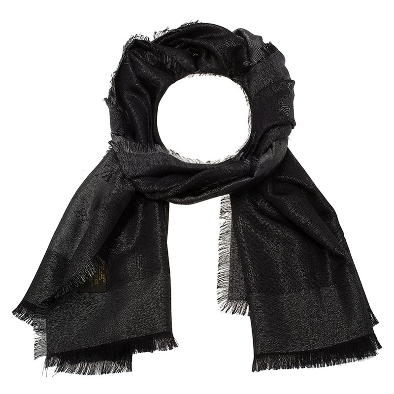 Pre Owned Louis Vuitton Charcoal Grey Monogram Shine Wool Silk Shawl