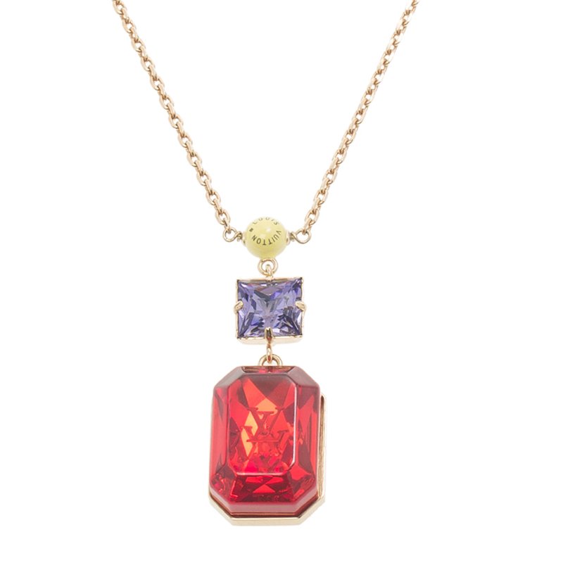 Louis Vuitton Cosmopolitan Multicolor Crystal Pendant Gold Tone Chain Necklace