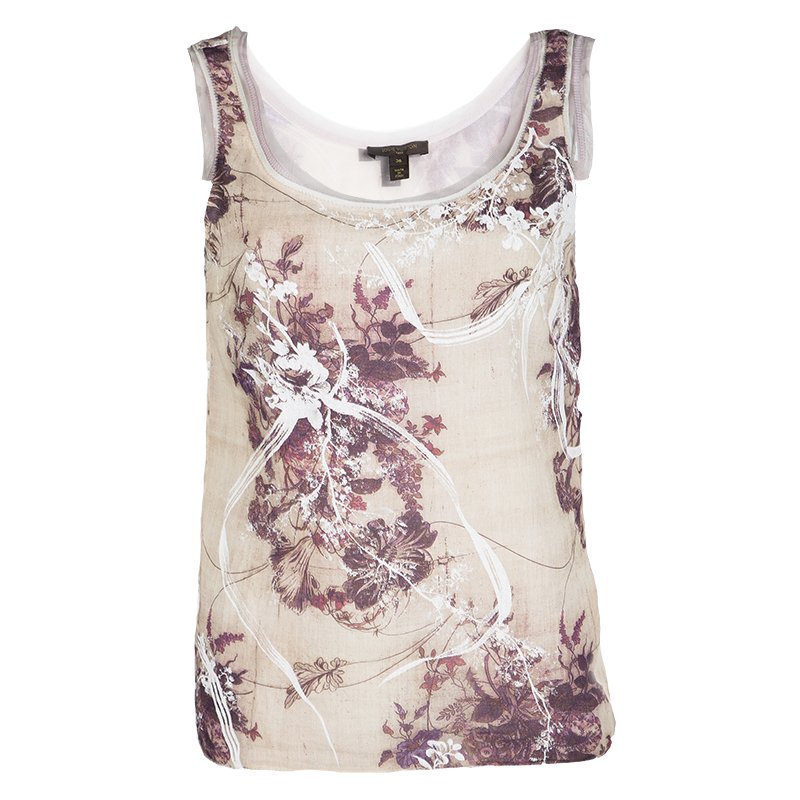 Louis Vuitton Beige Floral Printed Double Layer Sleeveless Top S