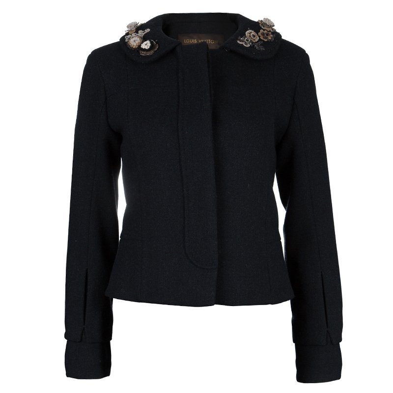 Louis Vuitton Black Wool Beaded Floral Applique Collar Detail Jacket S