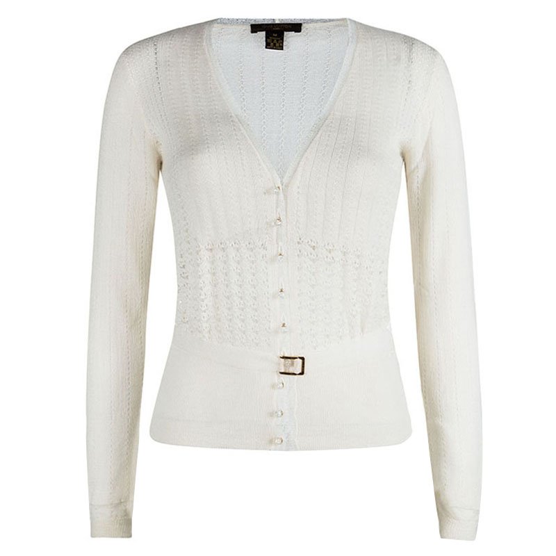 Louis Vuitton Cream Cashmere Perforated Belted Cardigan M