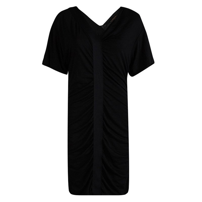 Louis Vuitton Black Knit Ruched Short Sleeve Dress L