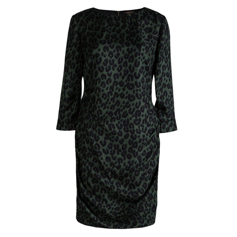 Louis Vuitton Olive Green Leopard Printed Silk Ruched Dress M