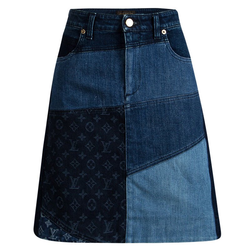 Louis Vuitton Indigo Colorblock Denim Monogrammed Patchwork Skirt L