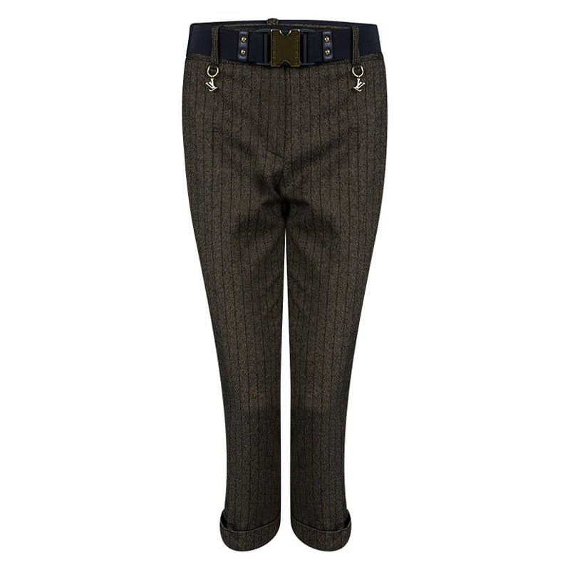 Pre Owned Louis Vuitton Brown Textured Contrast Striped Belted Trousers M