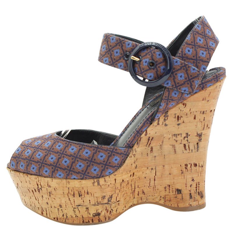 Pre Owned Louis Vuitton Brown Floral Canvas Cork Wedge Platform Sandals Size 37