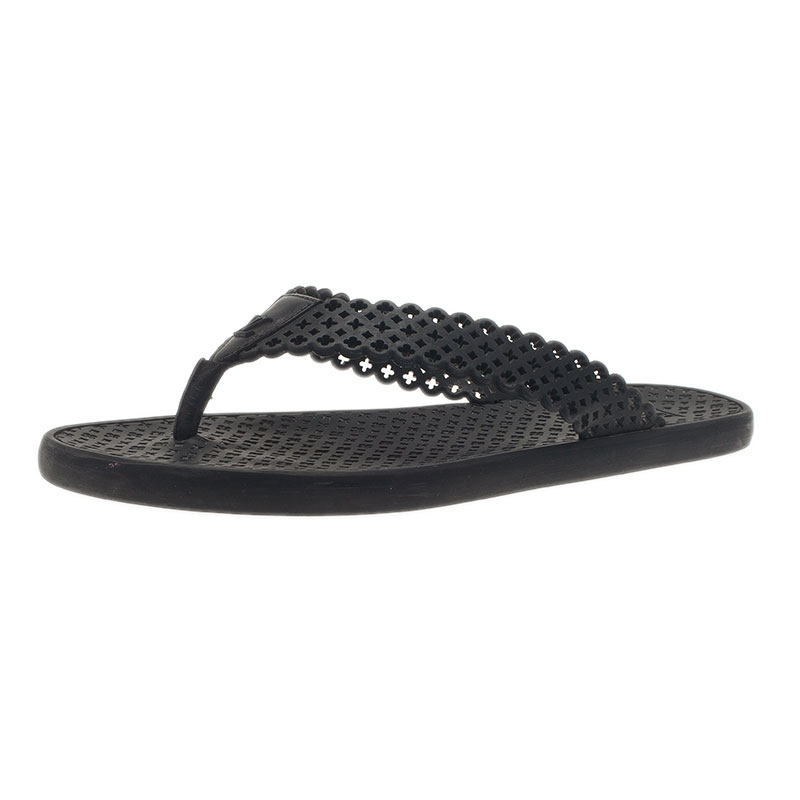 Louis Vuitton Black Perforated Rubber Tatoo Thong Sandals Size 37.5