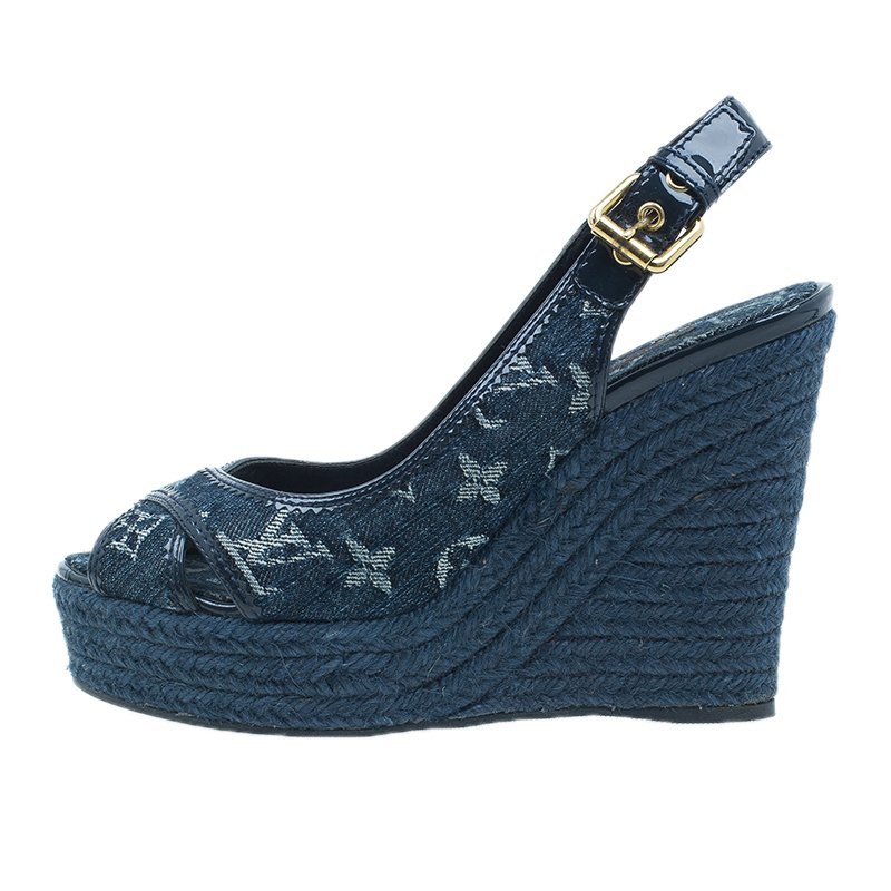 Louis Vuitton Black Monogram Denim And Patent leather Bastille Espadrille Wedge  Sandals Size 37 Louis Vuitton