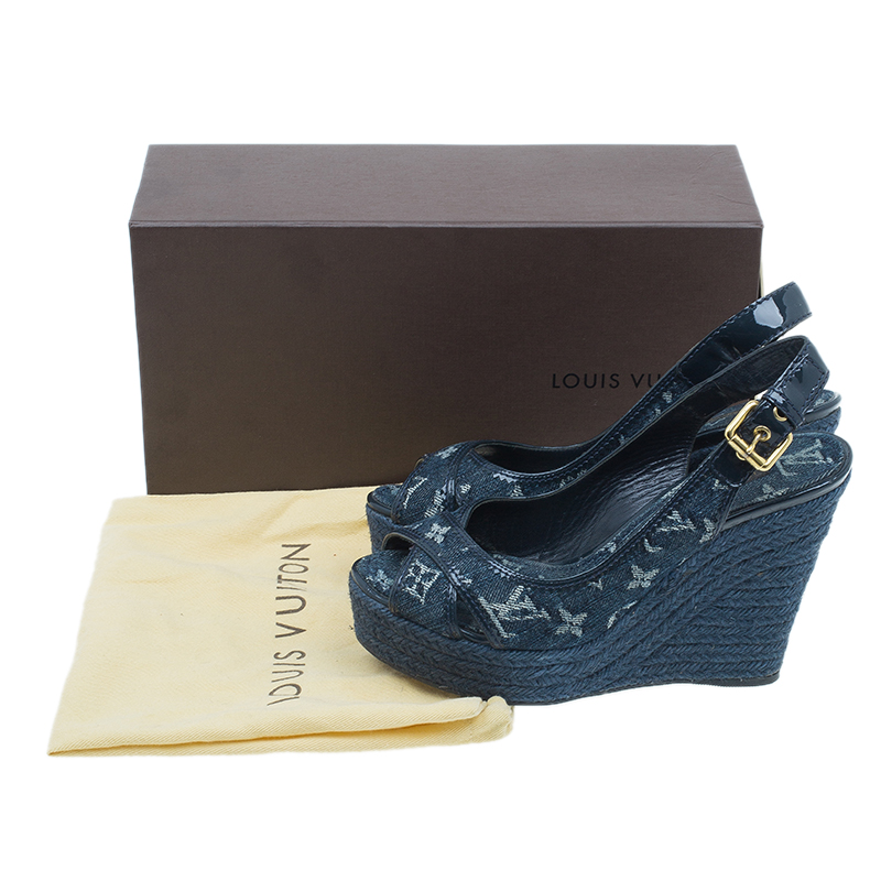Louis Vuitton Blue Denim Monogram Denim Espadrille Wedges Size 7.5/8 -  Yoogi's Closet