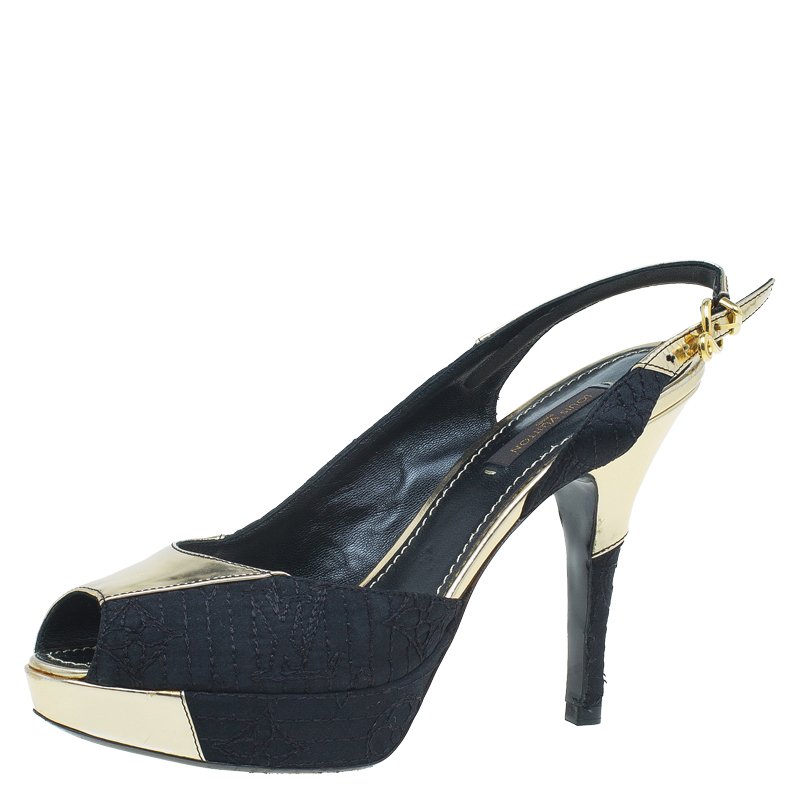 Pre Owned صندل لوي فيتون دورسي جلد ذهبي وأسود مقدمة مفتوحة نعل سميك مقاس 35.5