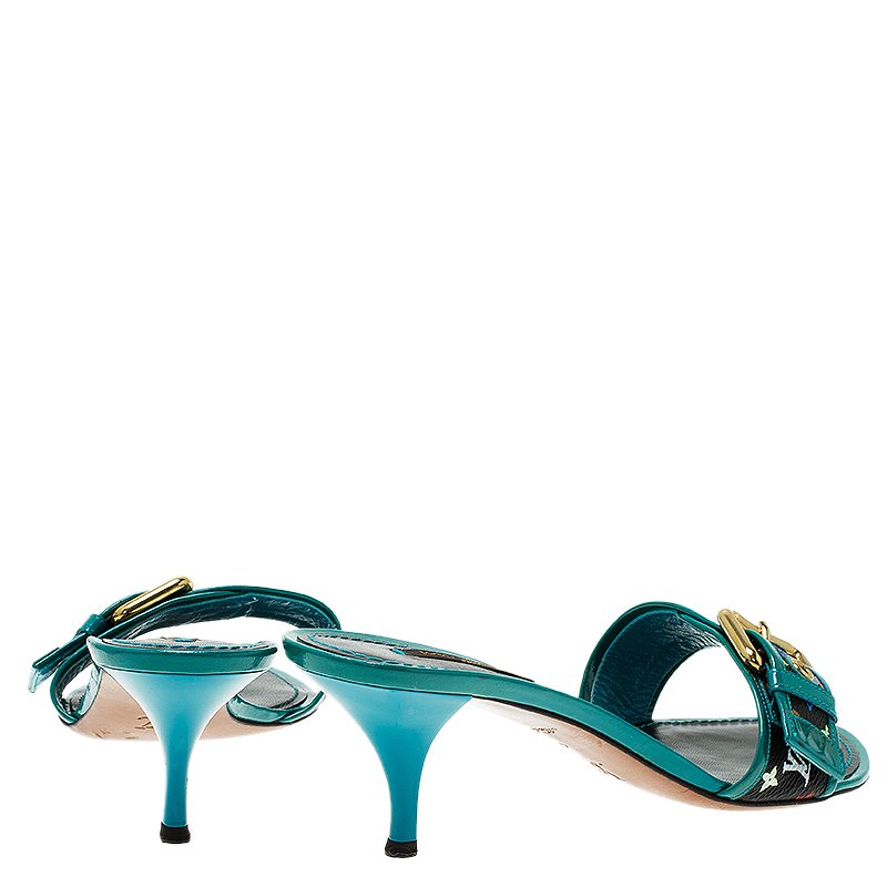 Louis Vuitton Teal Leather and Multicolor Monogram Buckle Kitten Heel  Slides Size 40 Louis Vuitton