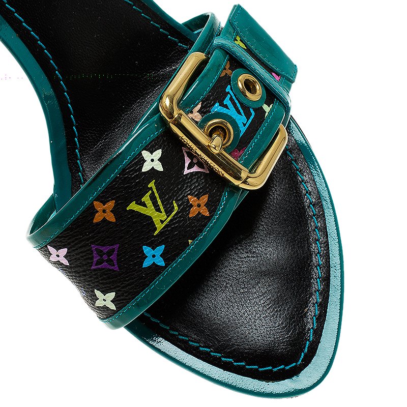 Louis Vuitton Teal Leather and Multicolor Monogram Buckle Kitten Heel Slides Size 40 Louis ...