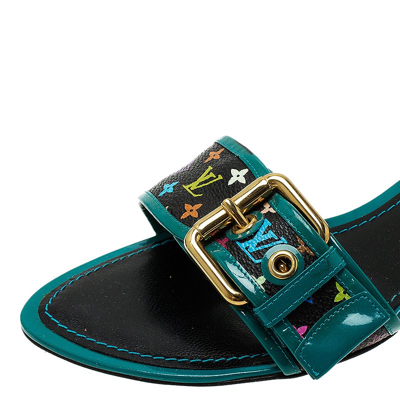 Louis Vuitton Teal Leather and Multicolor Monogram Buckle Kitten Heel  Slides Size 40 Louis Vuitton