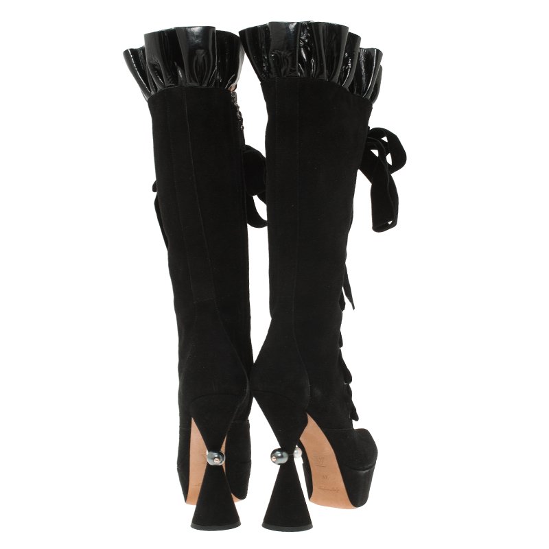 Louis Vuitton Black Suede and Patent Ruffle Cancan Velvet Lace Up Knee Boots  Size 37 Louis Vuitton