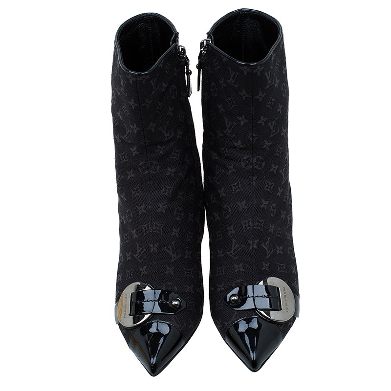 Louis Vuitton Black Monogram Idylle Buckle Ankle Boots Size 37.5