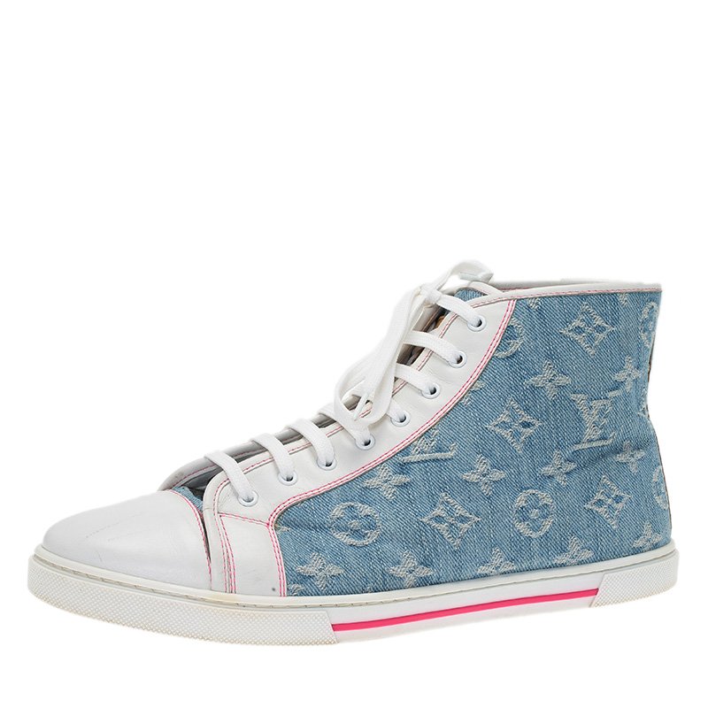 Louis Vuitton White Leather and Monogram Denim High Top Sneakers Size 38.5